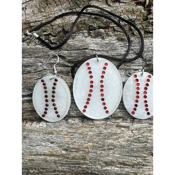 Cute Baseball Epoxy And Rhinestone Necklace Matching Earrings Oval Jewelry Set - Picture 4 of 6